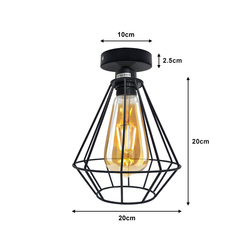 Black Retro Cage Industrial Ceiling Light - With Bulb