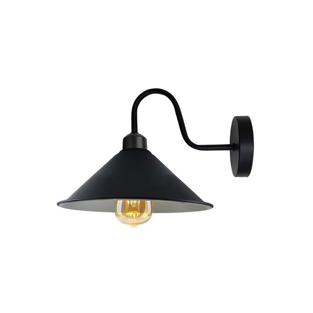 Black (White Inner) Cone Retro Swan Neck Wall Light - With Bulb