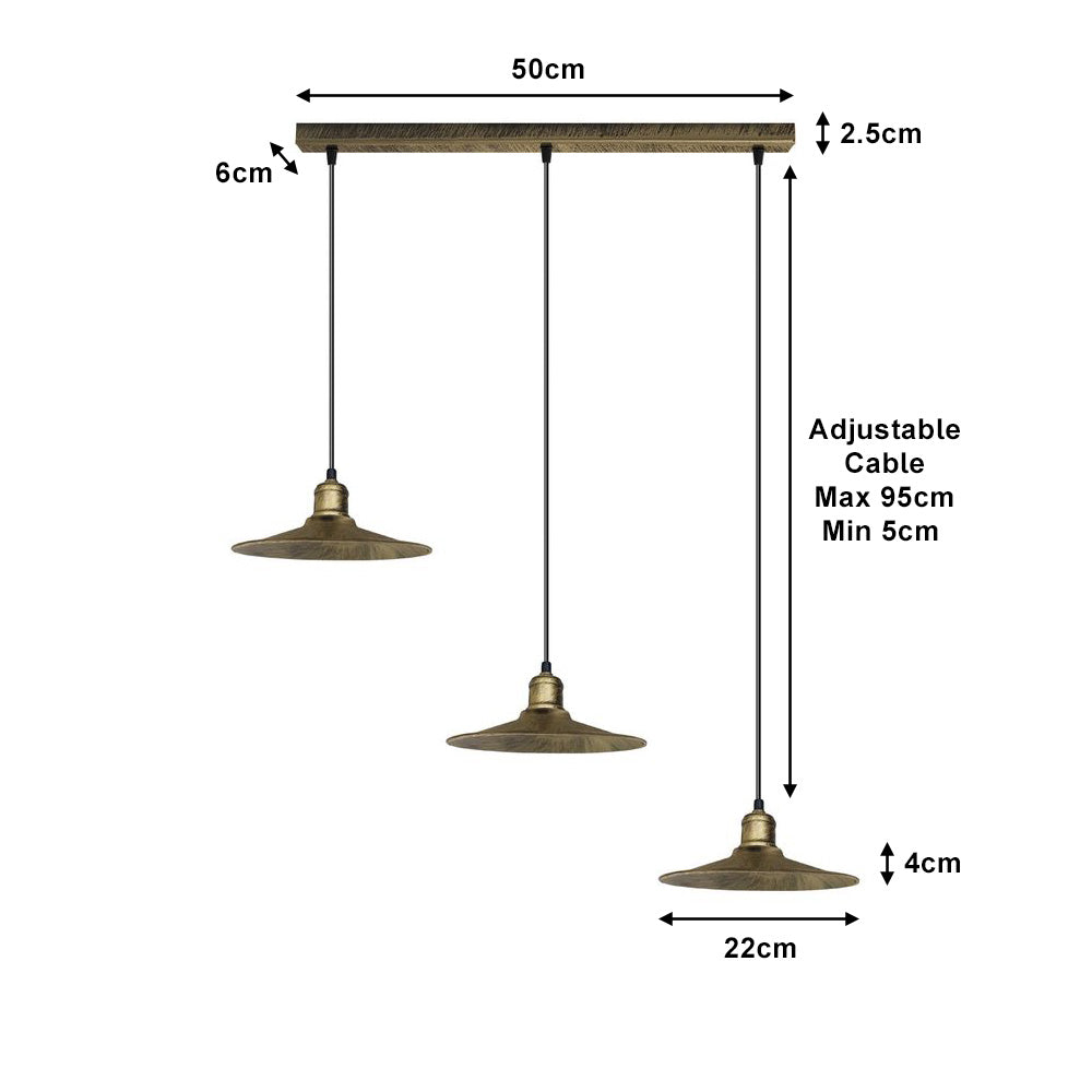 Brushed Brass Vintage 3 Light Pendant - Without Bulbs