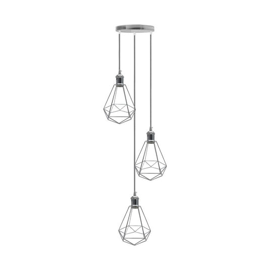 Chrome Vintage Cage Triple Pendant Light - Without Bulbs