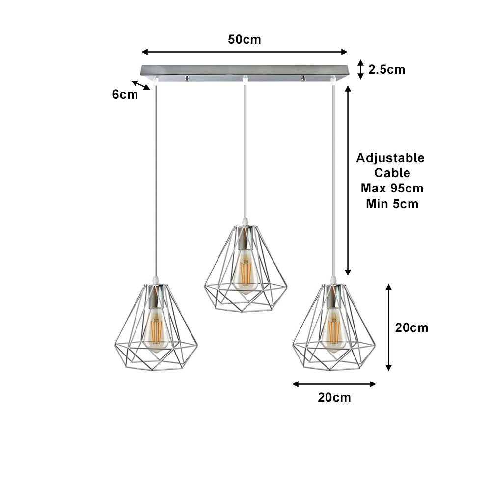 Chrome Diamond Cage 3 Light Pendant - With Bulbs