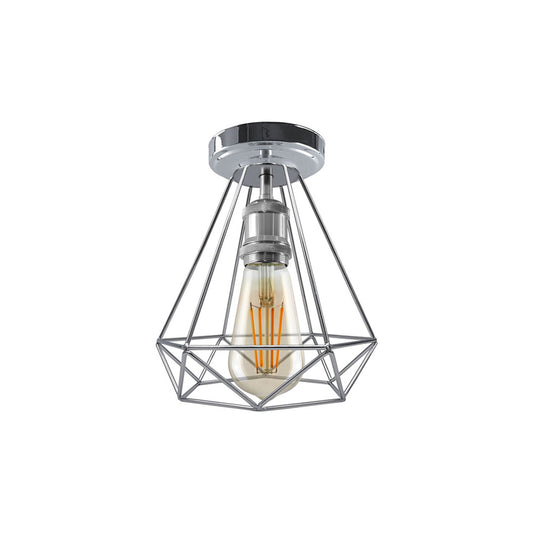 Chrome Diamond Cage Flush Ceiling Light - With Bulb