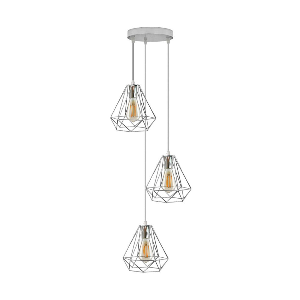 Chrome Diamond Cage Triple Pendant Light - With Bulbs