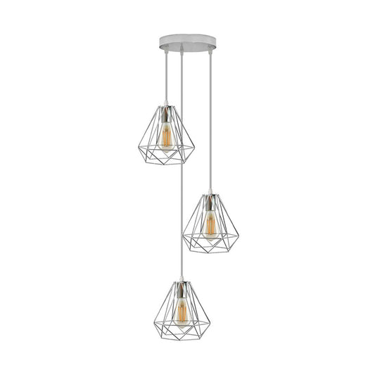 Chrome Diamond Cage Triple Pendant Light - With Bulbs