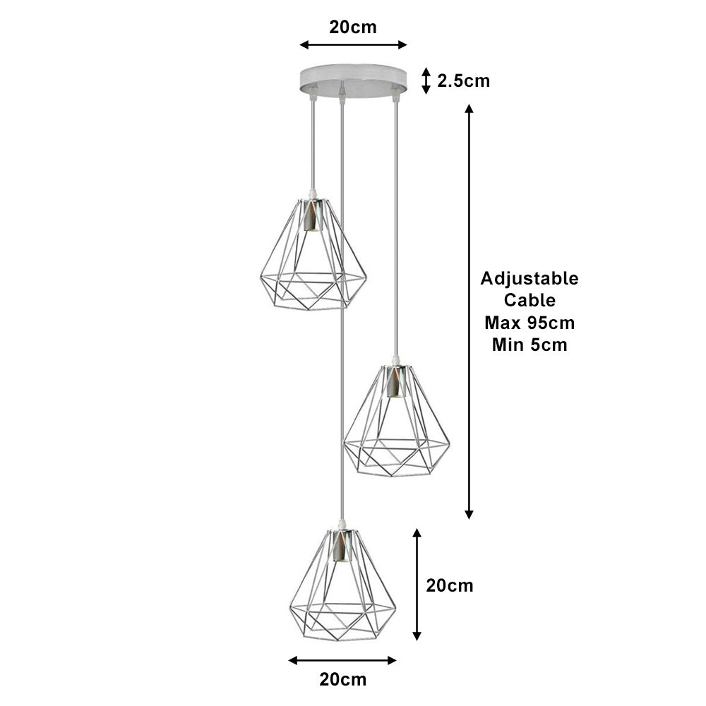 Chrome Diamond Cage Triple Pendant Light - Without Bulbs