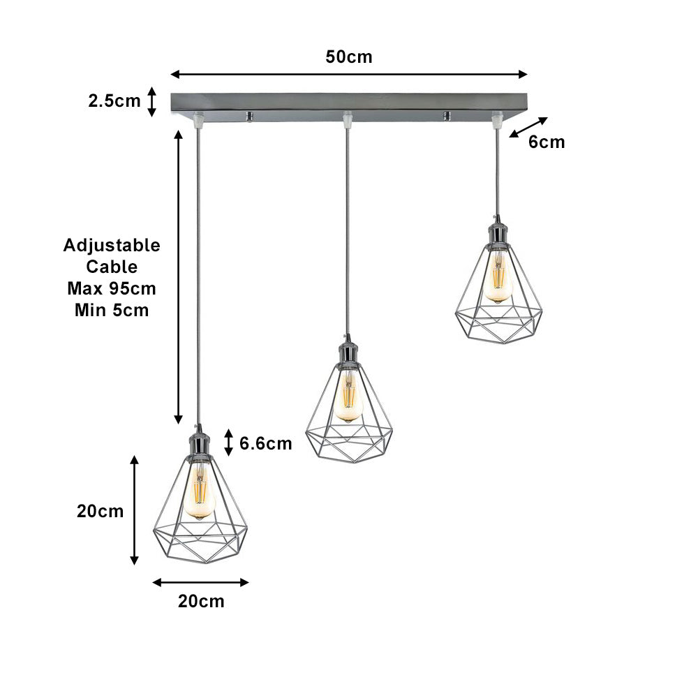 Chrome Vintage Cage 3 Light Pendant - With Bulbs