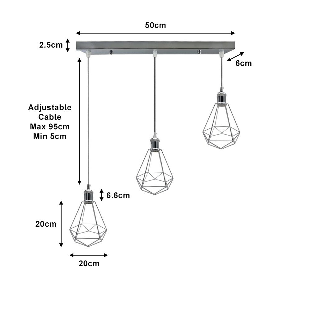 Chrome Vintage Cage 3 Light Pendant - Without Bulbs