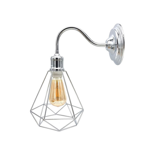 Chrome Vintage Cage Swan Neck Wall Light - With Bulb