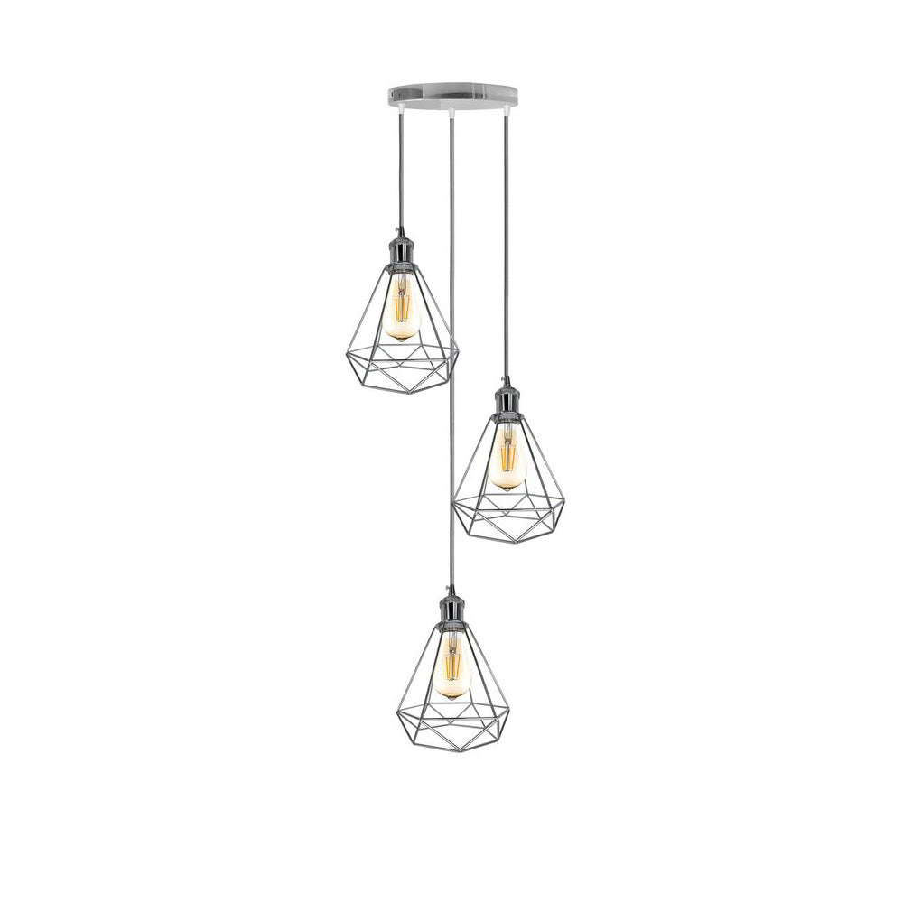 Chrome Vintage Cage Triple Pendant Light - With Bulbs