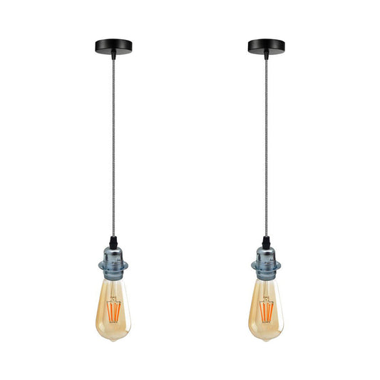 Chrome Vintage Industrial Pendant Light Fitting - 2 Pack