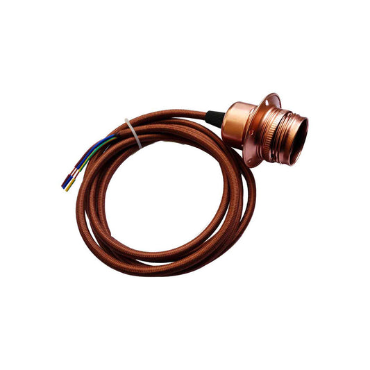 Copper E27 Industrial Metal Pendant Lamp Holder with 2m Brown Fabric Cable - Decorative Bulb Holder