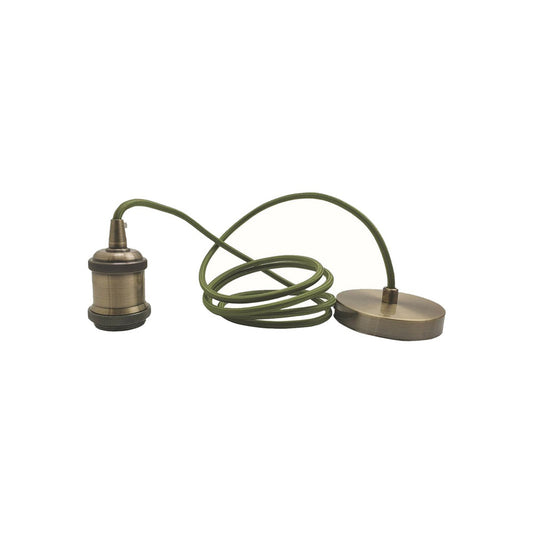 Green Brass Vintage Metal Pendant Light Fitting & 2m Army Green Round Braided Cable - Without Bulb