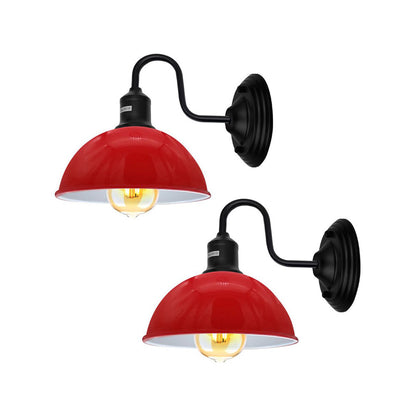 Red & Black Dome Industrial Swan Neck Wall Lights - 2 Pack