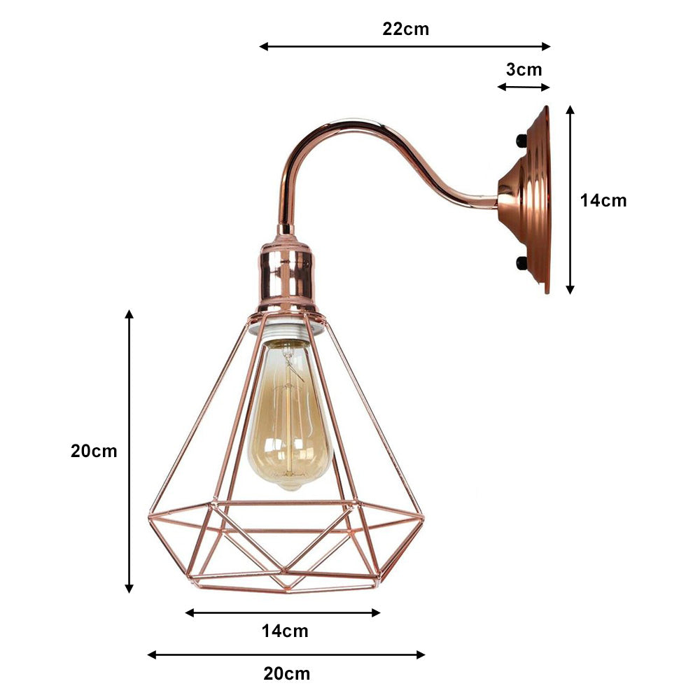 Rose Gold Diamond Cage Swan Neck Wall Light - With Bulb