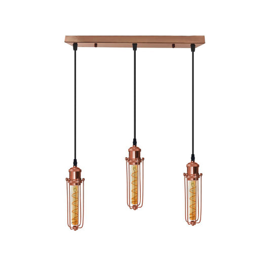 Rose Gold Long Wire Cage 3 Light Pendant - With Bulbs