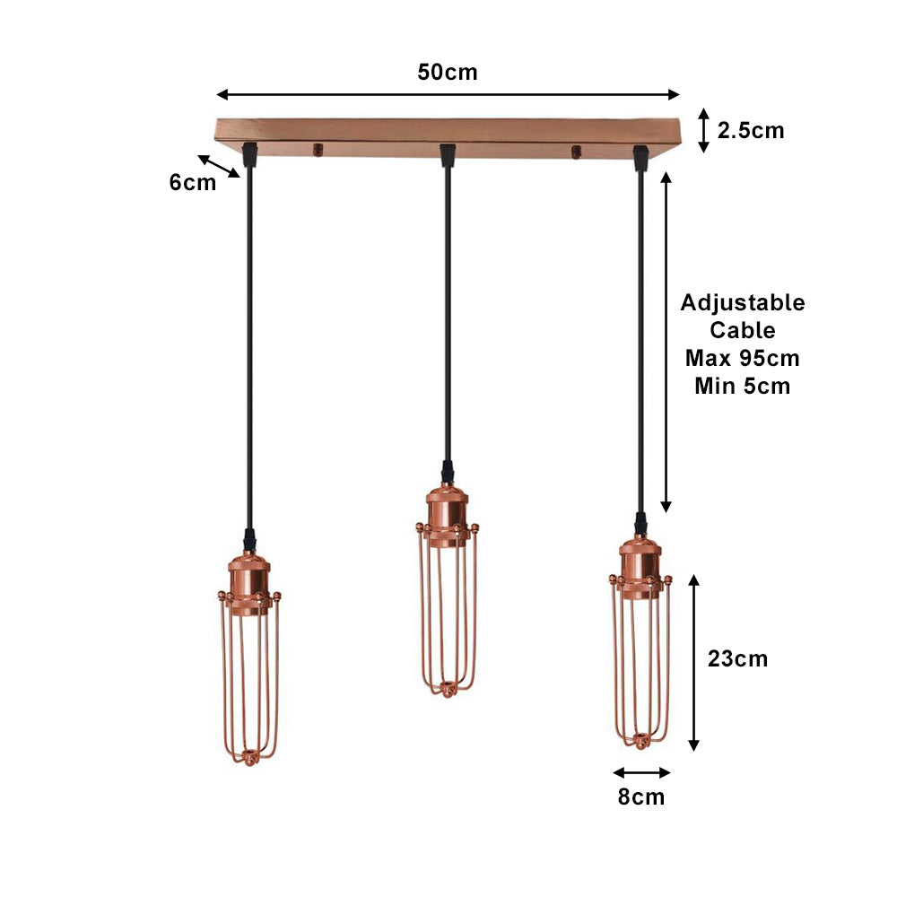 Rose Gold Long Wire Cage 3 Light Pendant - Without Bulbs