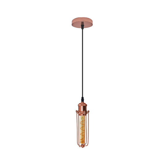 Rose Gold Long Wire Cage Pendant Light - With Bulb