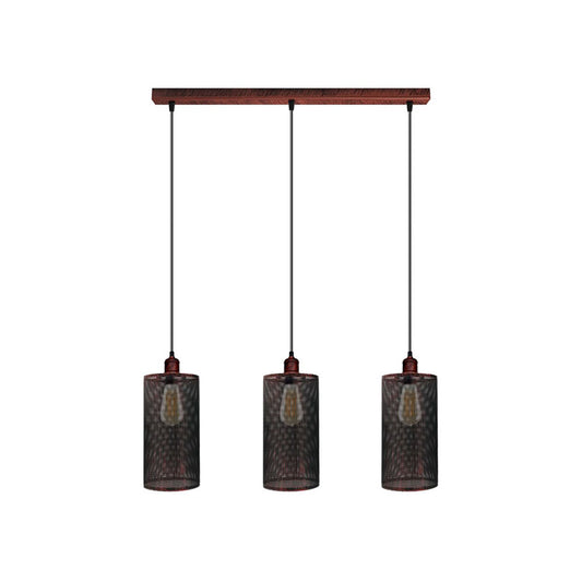 Rustic Red Cage Cylinder 3 Light Pendant - With Bulbs