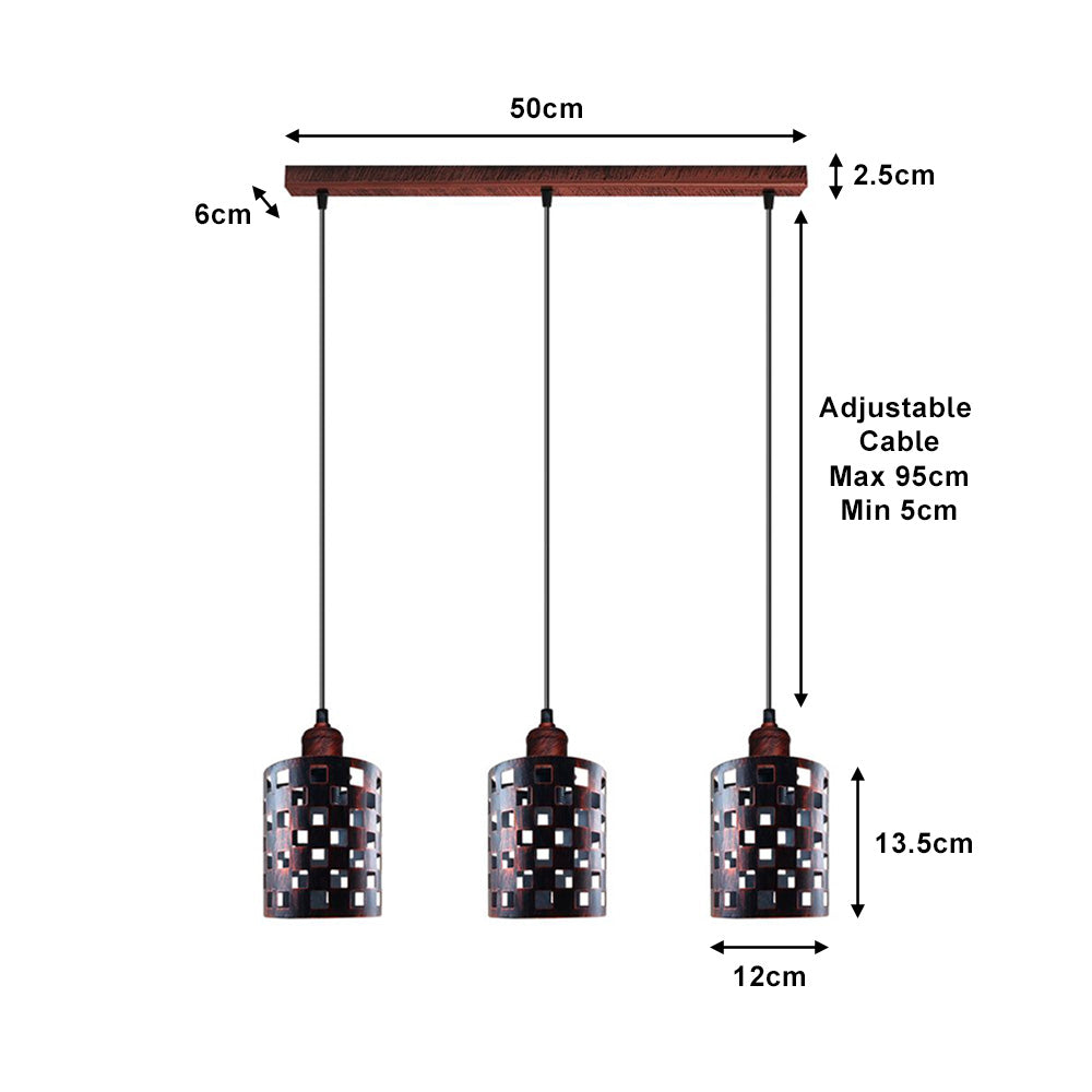 Rustic Red Check Style 3 Light Pendant - Without Bulbs