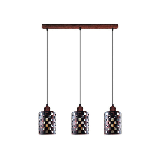 Rustic Red Check Style 3 Light Pendant - With Bulbs