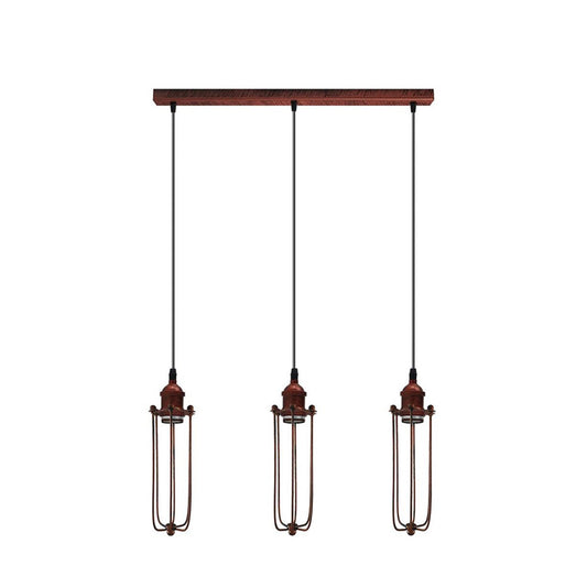 Rustic Red Long Wire Cage 3 Light Pendant - Without Bulbs