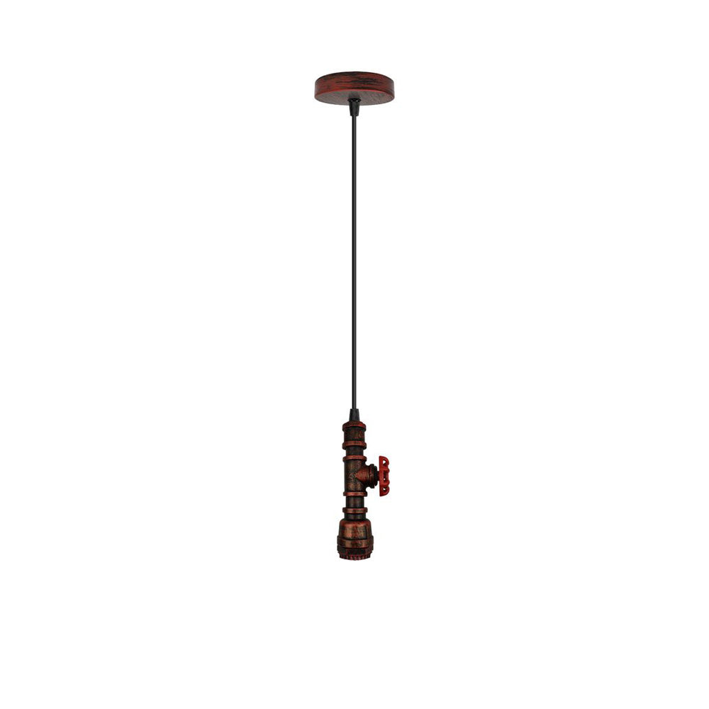 Rustic Red Pipe Steampunk Pendant Light - Exposed Bulb