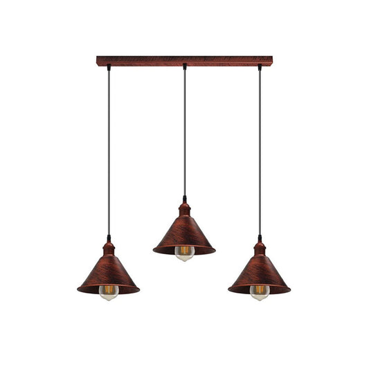 Rustic Red Short Cone 3 Light Pendant - With Bulbs