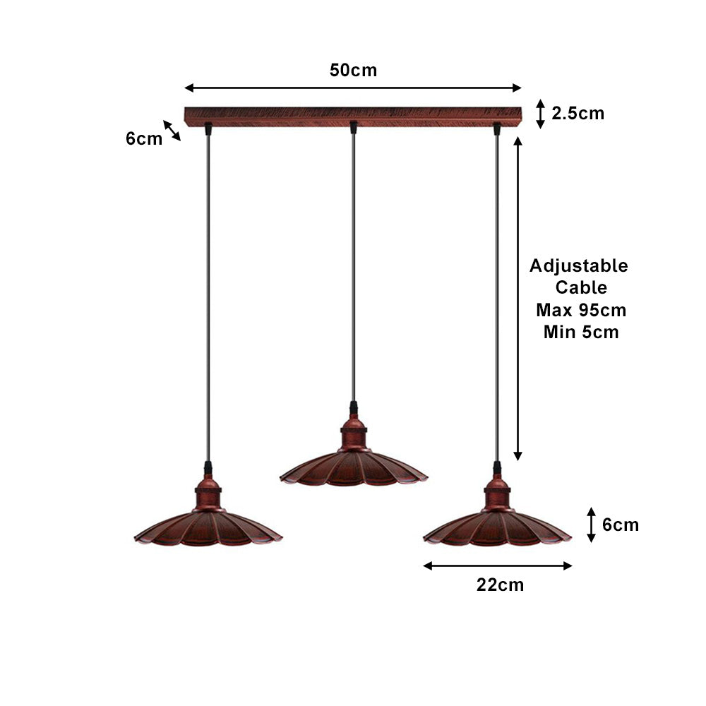 Rustic Red Umbrella Style 3 Light Pendant - With Bulbs