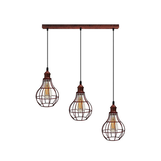 Rustic Red Vase Cage 3 Light Pendant - With Bulbs