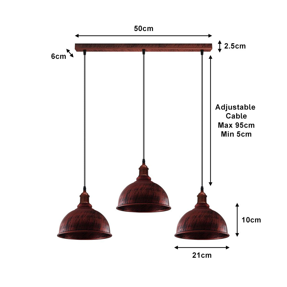 Rustic Red Vintage Dome 3 Light Pendant - Without Bulbs