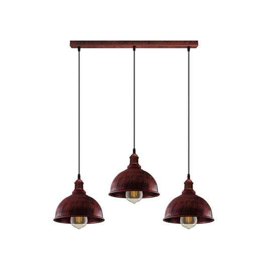 Rustic Red Vintage Dome 3 Light Pendant - With Bulbs