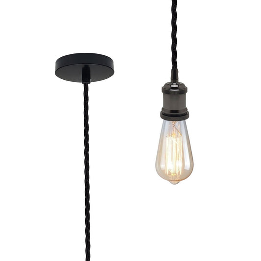 Shiny Black Vintage Metal Pendant Light Fitting & 2m Twisted Cable - Without Bulb