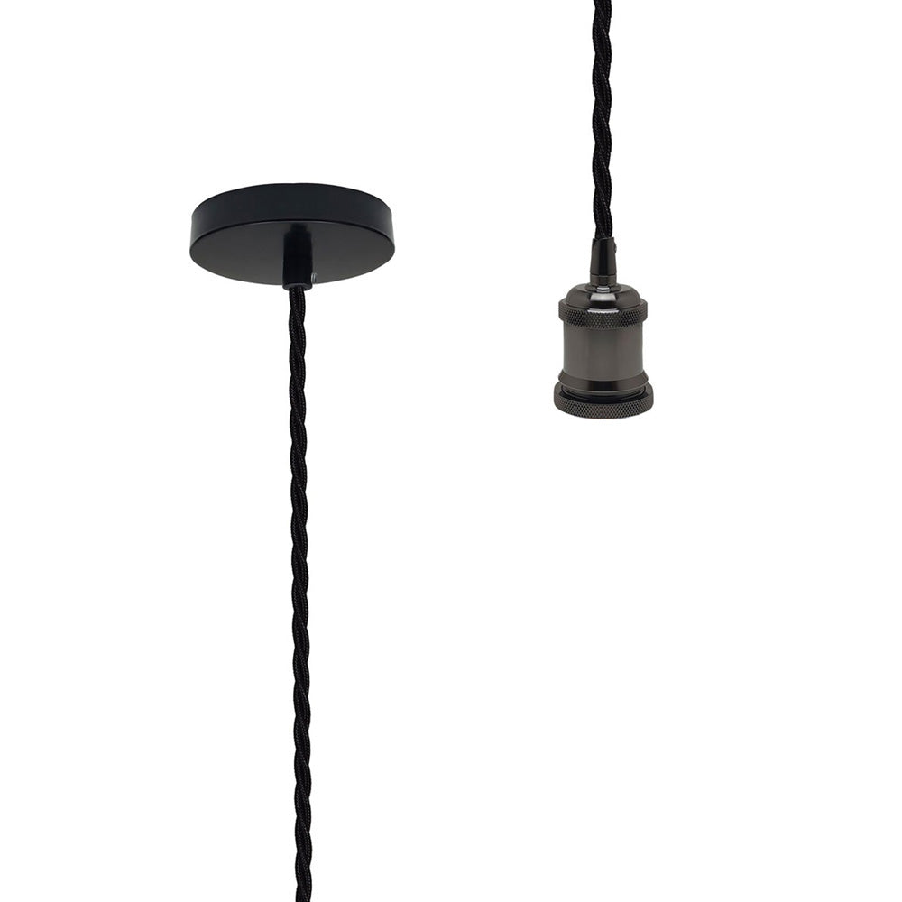 Shiny Black Vintage Metal Pendant Light Fitting & 2m Twisted Cable - Without Bulb