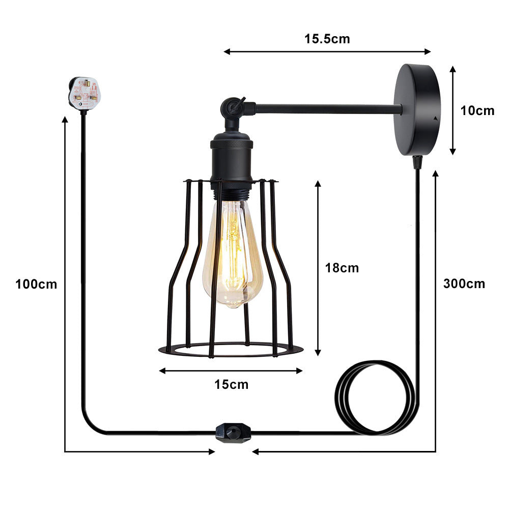 Vintage Cage Style Black Plug In Wall Light