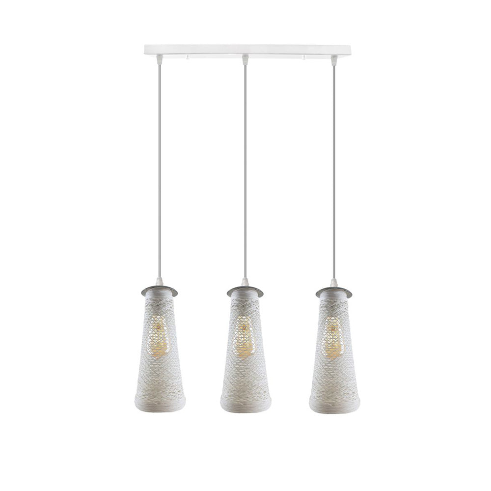 White Woven Shade 3 Light Pendant - With Bulbs