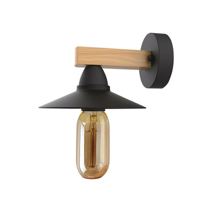 Wooden Wall Light & Black Shade - With Bulb