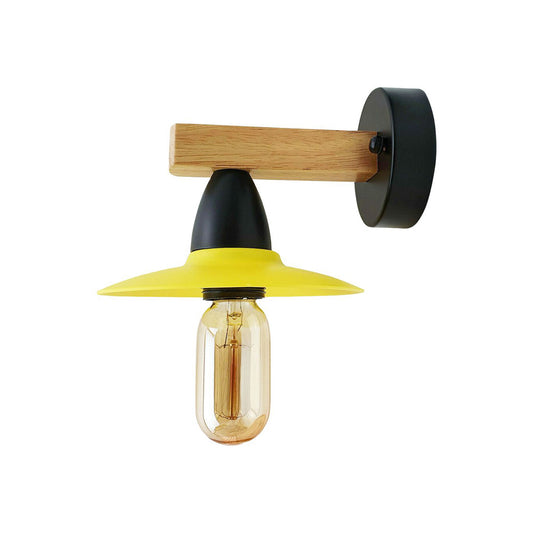 Wooden Wall Light & Yellow Shade - With Bulb