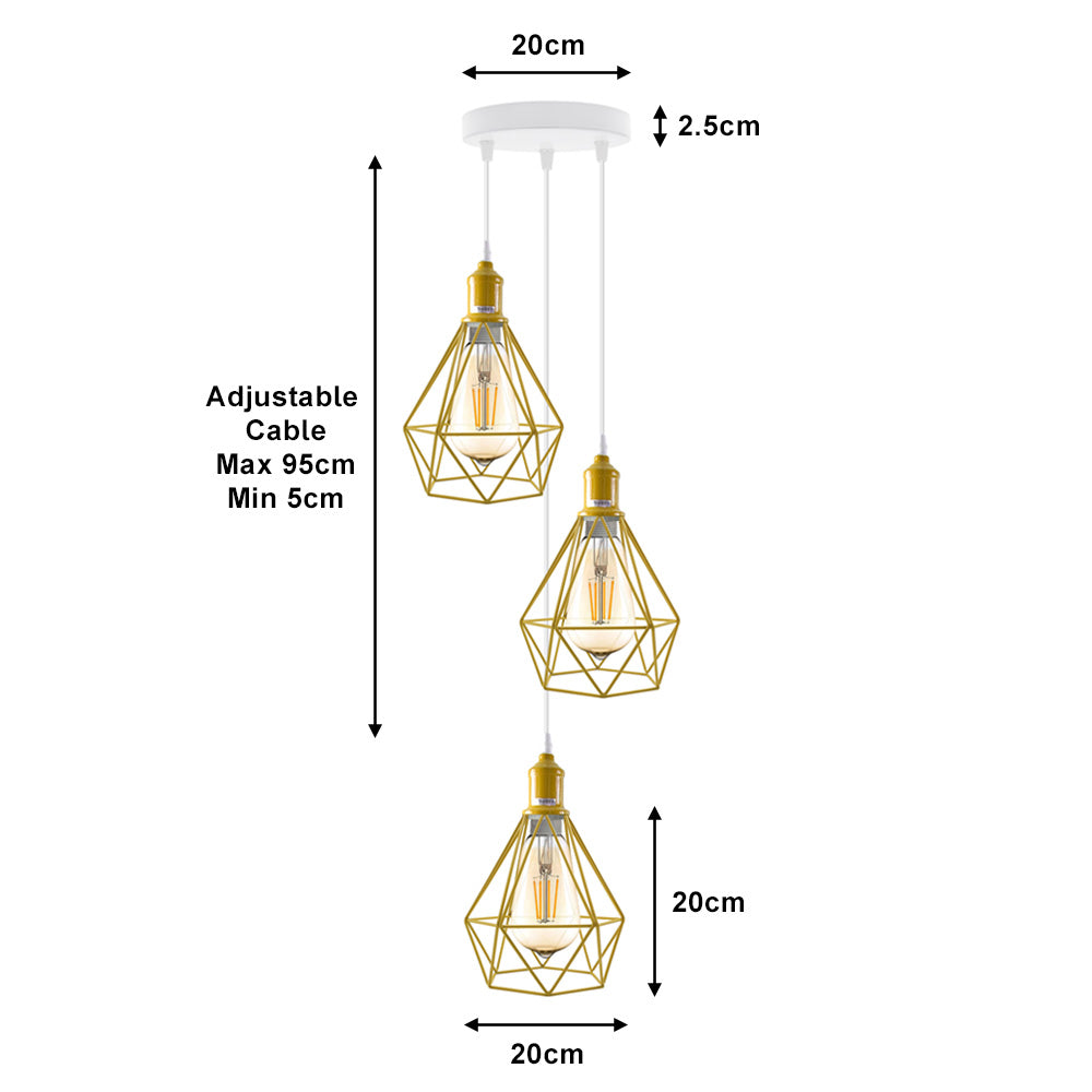 Yellow Diamond Cage Triple Pendant Light