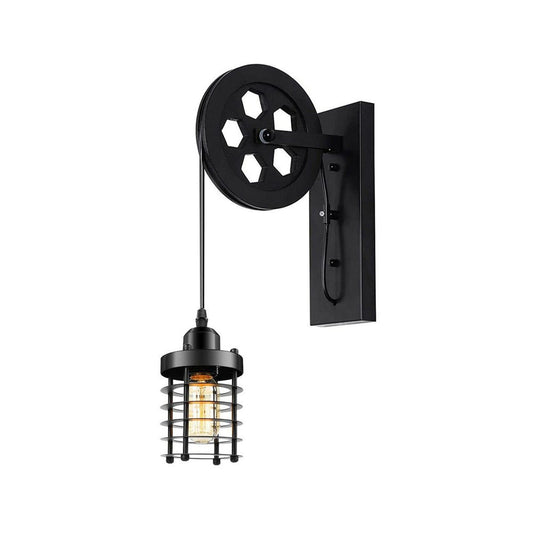 Black Cylinder Cage Pulley Light - Wall Mounted