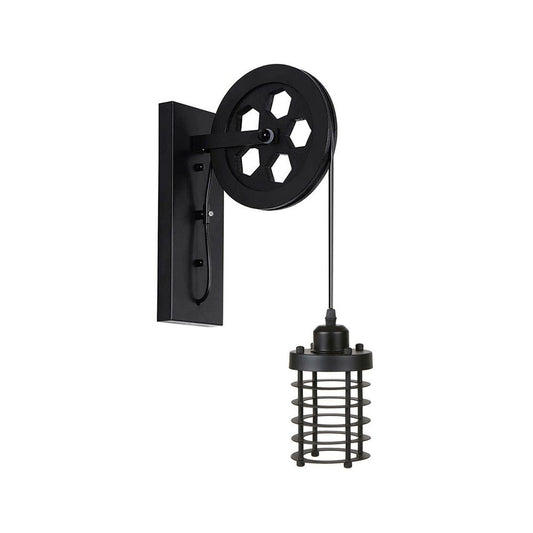 Black Cylinder Cage Pulley Light - Wall Mounted