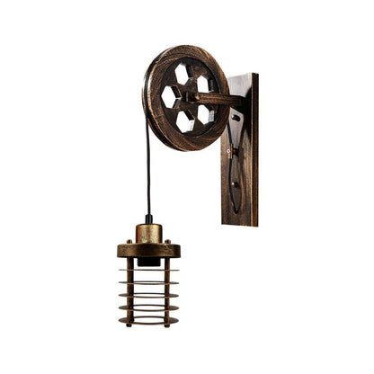 Brushed Copper Cylinder Cage Pulley Light - Wall Mounted