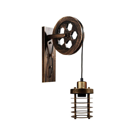 Brushed Copper Cylinder Cage Pulley Light - Wall Mounted