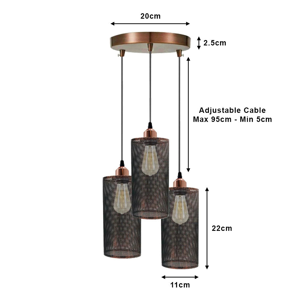 Brushed Copper 3 Way Cage Cylinder Pendant Light